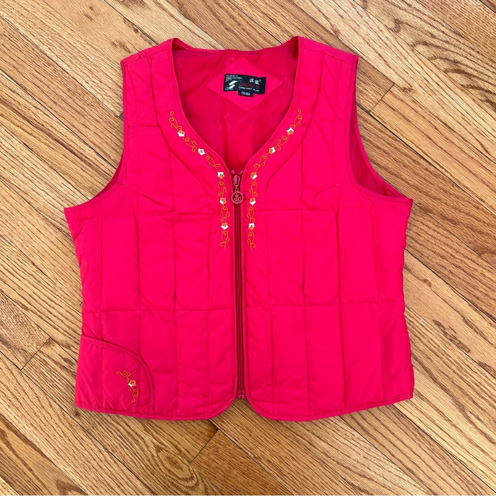 Bright Red Lightweight Embroidered Puffer Vest
